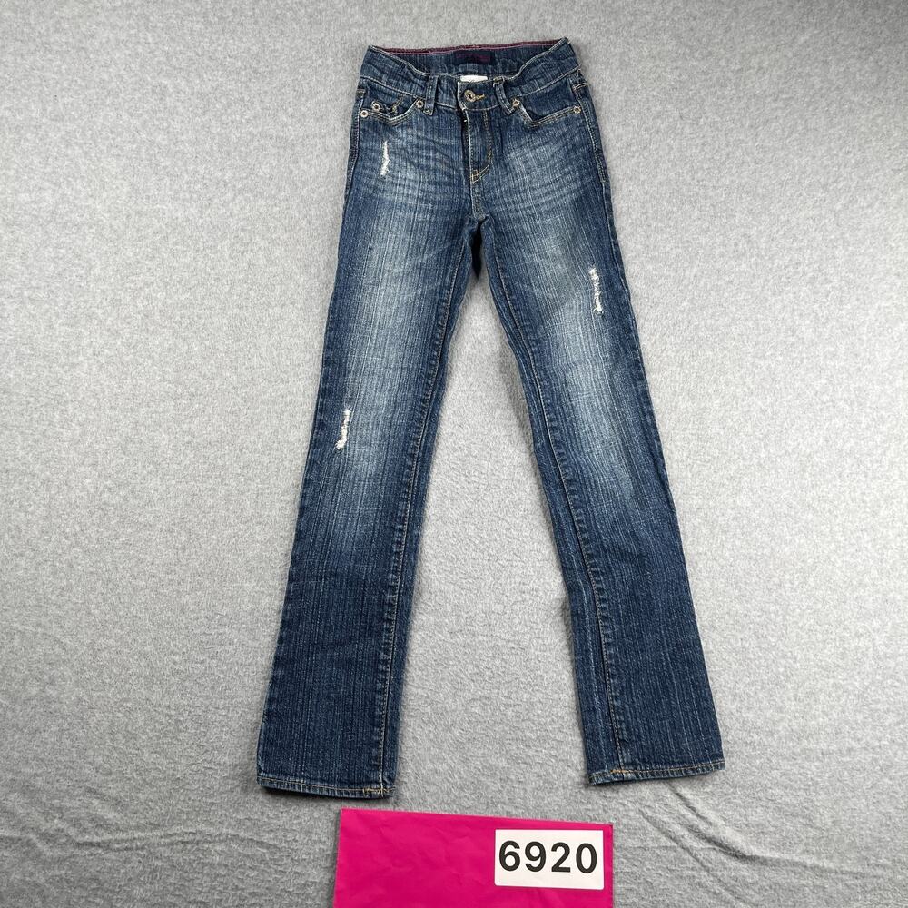 Youth Levis Slim Straight Denim Jeans Girls Size 8 Blue Distressed Stretch